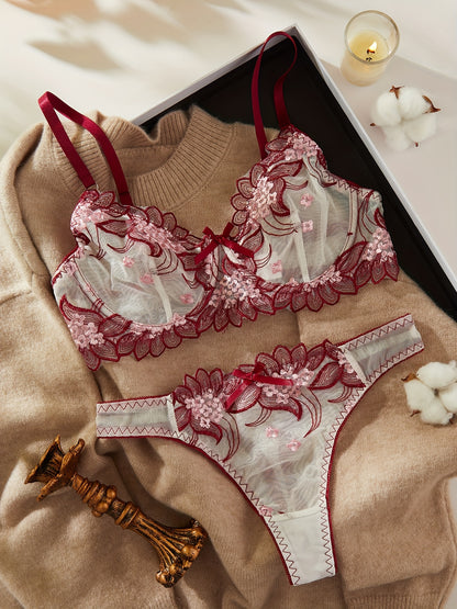 花柄刺繍×セミシアーのレースランジェリー2点セット