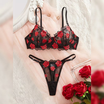 刺繍メッシュフラワーデザイン セクシーランジェリーセット