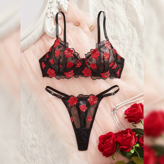 刺繍メッシュフラワーデザイン セクシーランジェリーセット