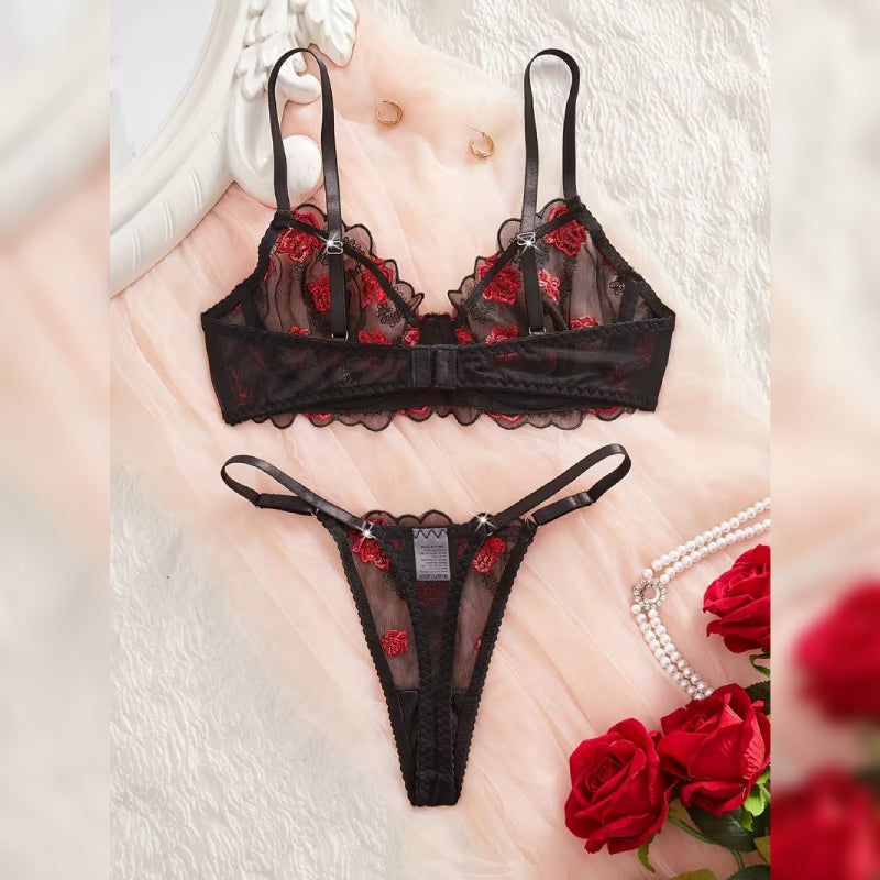 刺繍メッシュフラワーデザイン セクシーランジェリーセット