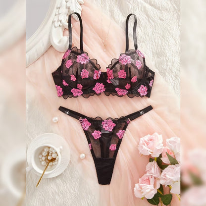 刺繍メッシュフラワーデザイン セクシーランジェリーセット