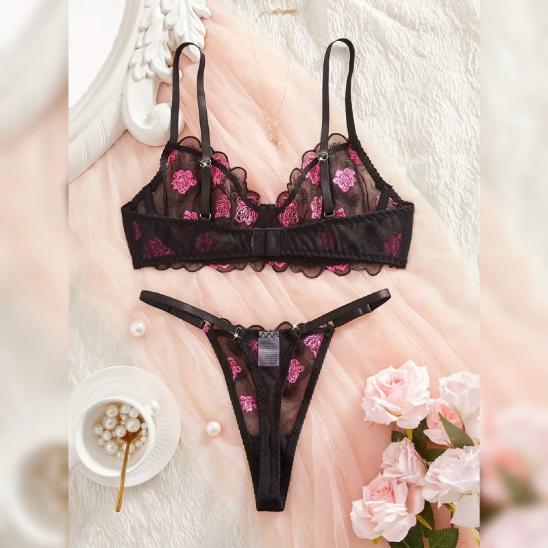 刺繍メッシュフラワーデザイン セクシーランジェリーセット