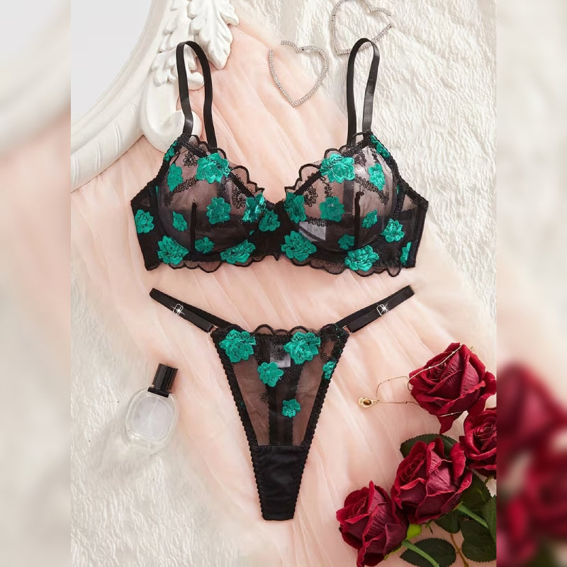 刺繍メッシュフラワーデザイン セクシーランジェリーセット