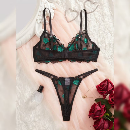 刺繍メッシュフラワーデザイン セクシーランジェリーセット