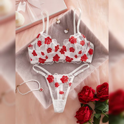 刺繍メッシュフラワーデザイン セクシーランジェリーセット