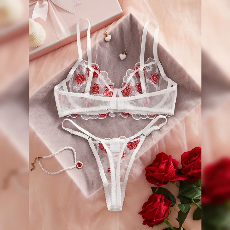 刺繍メッシュフラワーデザイン セクシーランジェリーセット