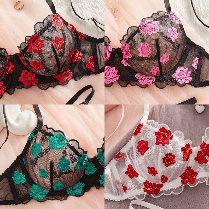 刺繍メッシュフラワーデザイン セクシーランジェリーセット