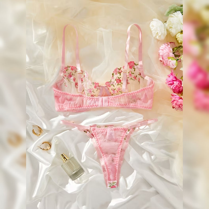 パール装飾レーストリム 花柄ランジェリーセット エレガント＆セミシアースタイル