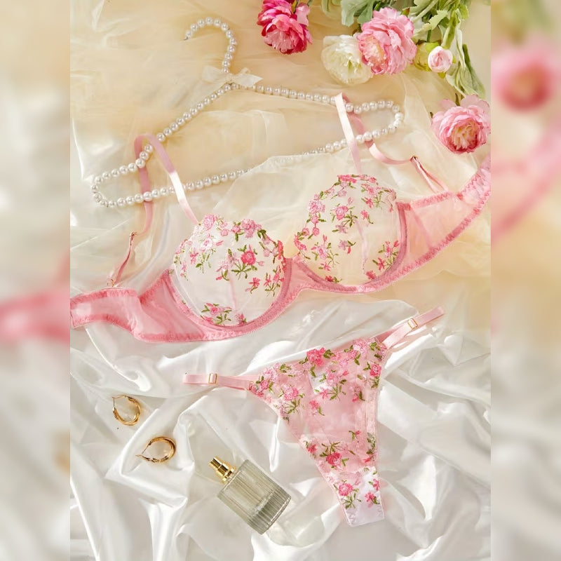 パール装飾レーストリム 花柄ランジェリーセット エレガント＆セミシアースタイル
