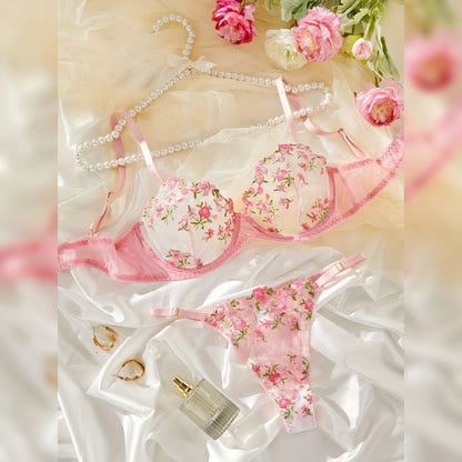 パール装飾レーストリム 花柄ランジェリーセット エレガント＆セミシアースタイル