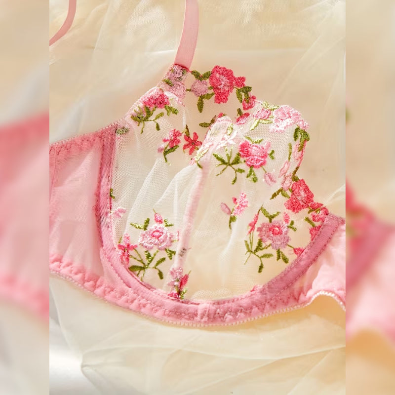 パール装飾レーストリム 花柄ランジェリーセット エレガント＆セミシアースタイル