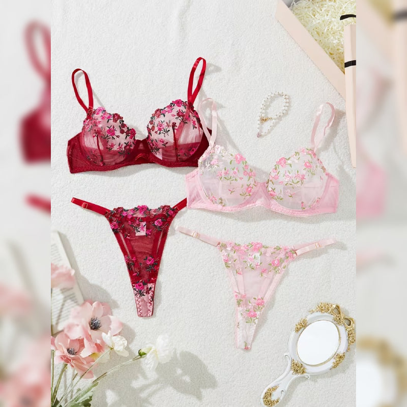 レッド＆ピンク刺繍ランジェリー2セット