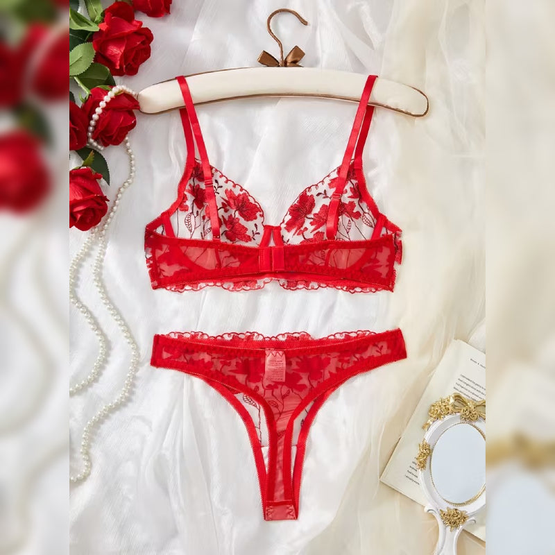 赤い花柄刺繍ディープVランジェリーセット セクシー＆エレガントデザイン