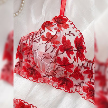 赤い花柄刺繍ディープVランジェリーセット セクシー＆エレガントデザイン