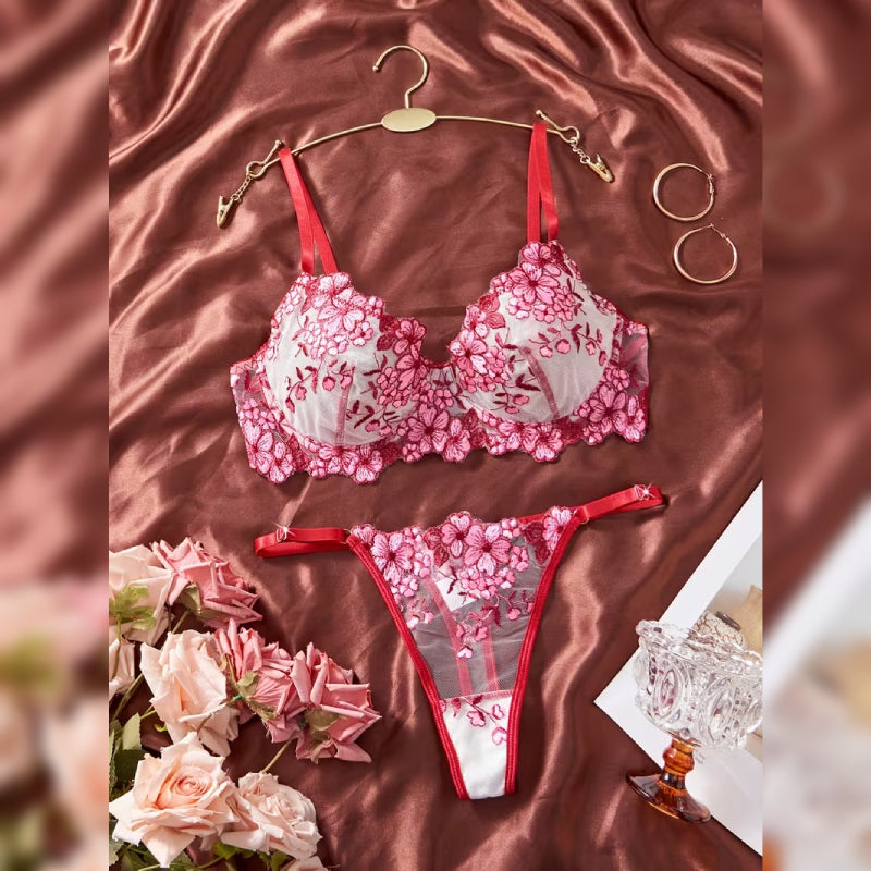 刺繍レースブラ＆ショーツ セクシーランジェリーセット