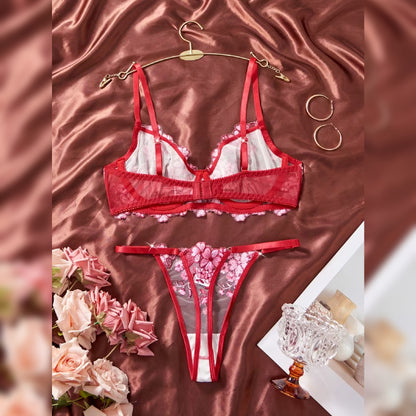 刺繍レースブラ＆ショーツ セクシーランジェリーセット