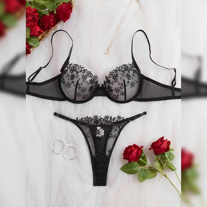刺繍レースブラ＆ショーツ セクシーランジェリーセット
