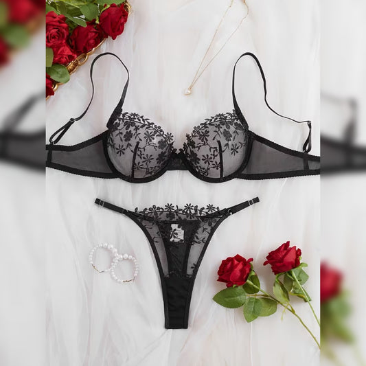 刺繍レースブラ＆ショーツ セクシーランジェリーセット