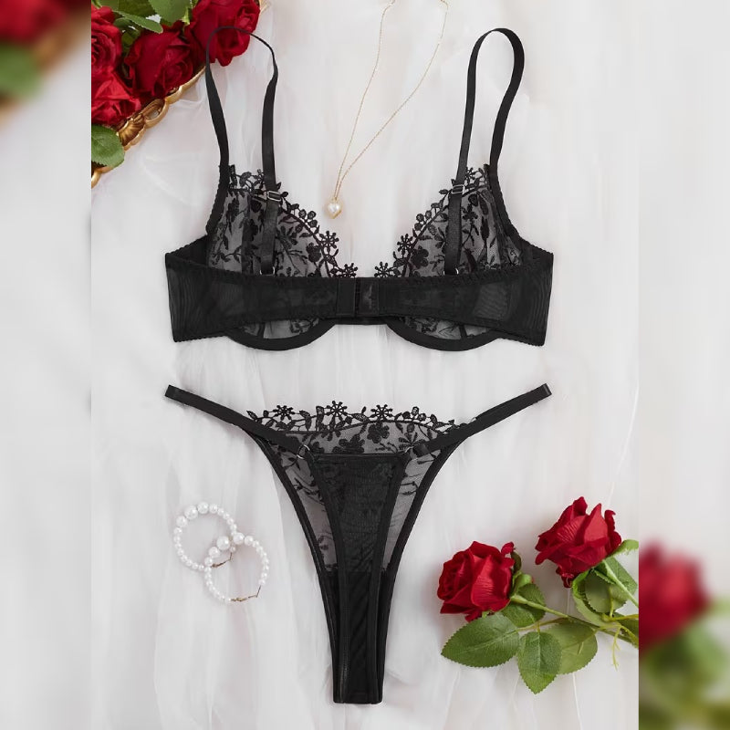 刺繍レースブラ＆ショーツ セクシーランジェリーセット