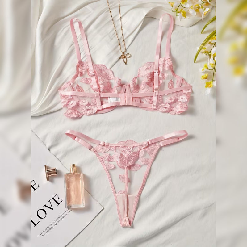 リップ刺繍ブラ＆Tバック セクシーランジェリーセット