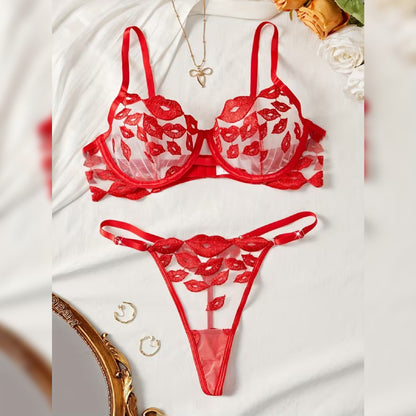 リップ刺繍ブラ＆Tバック セクシーランジェリーセット