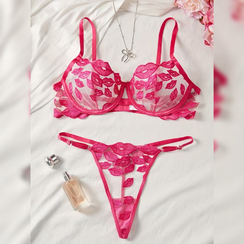 リップ刺繍ブラ＆Tバック セクシーランジェリーセット