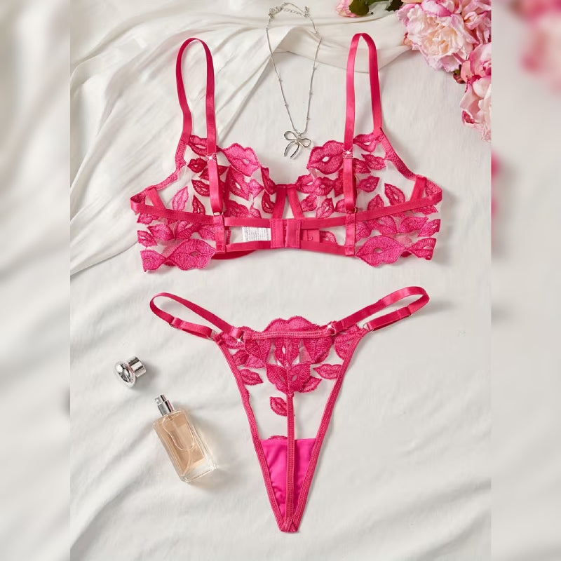 リップ刺繍ブラ＆Tバック セクシーランジェリーセット