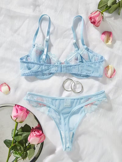 ライトブルー刺繍ランジェリーセット