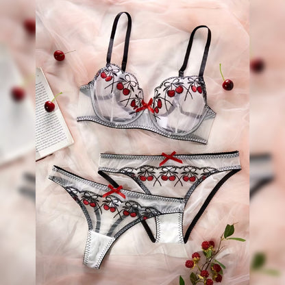 スチールリング刺繍メッシュランジェリー3点セット