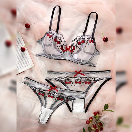 スチールリング刺繍メッシュランジェリー3点セット