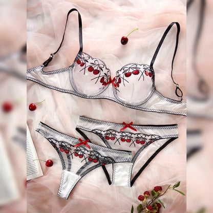 スチールリング刺繍メッシュランジェリー3点セット