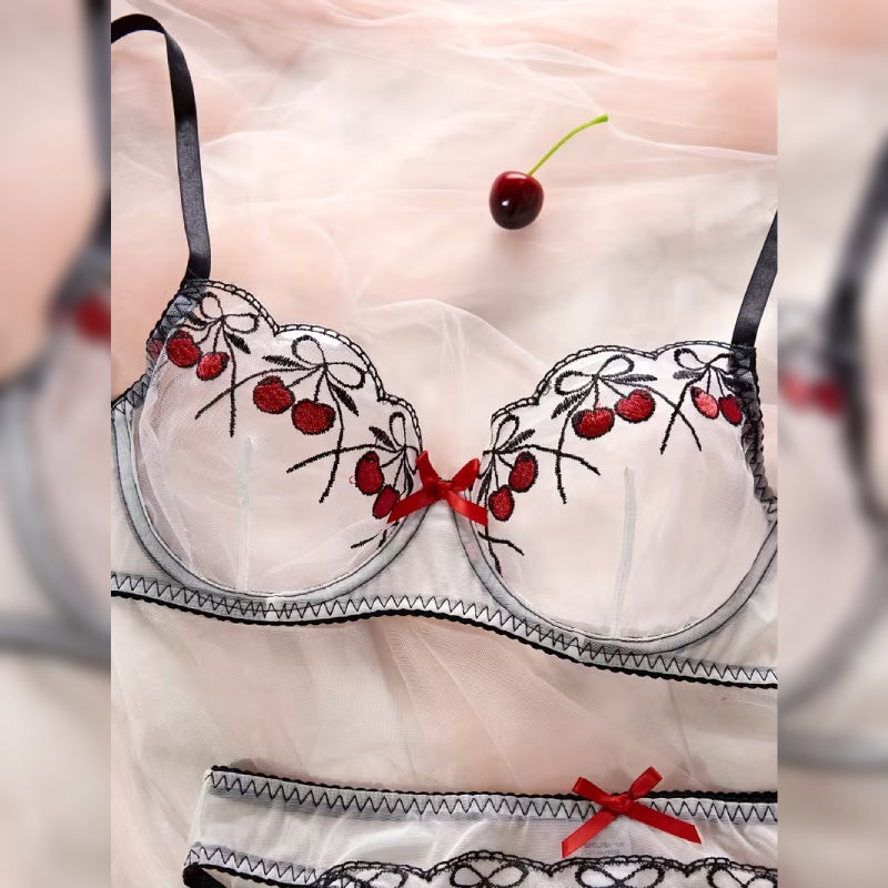 スチールリング刺繍メッシュランジェリー3点セット