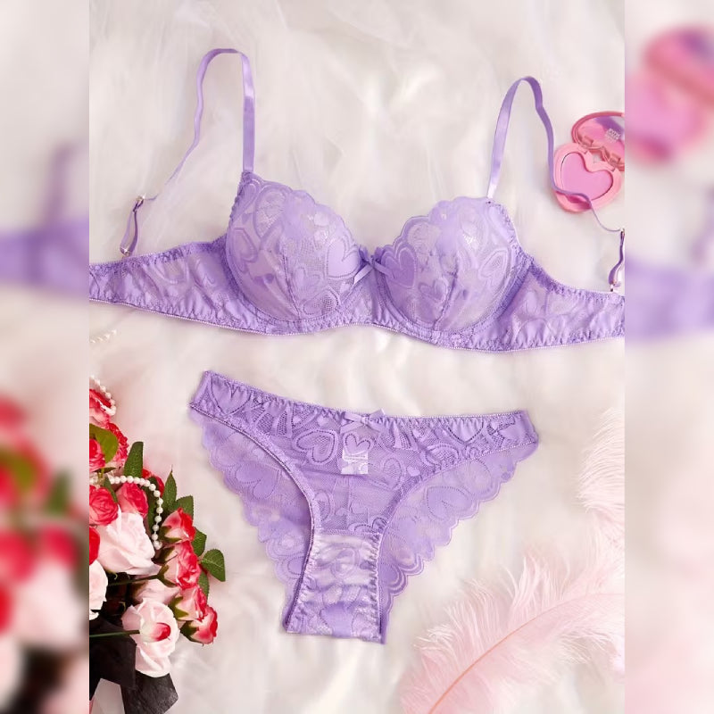 ハート柄レースブラ＆ショーツ エレガントランジェリーセット