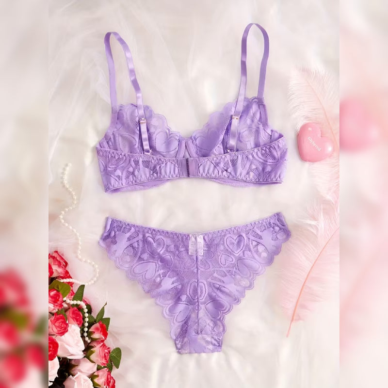 ハート柄レースブラ＆ショーツ エレガントランジェリーセット
