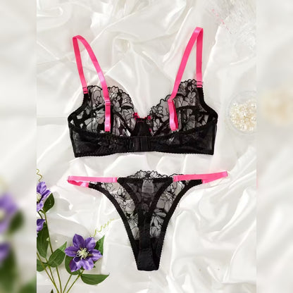 ブラック×ピンク刺繍ランジェリーセット