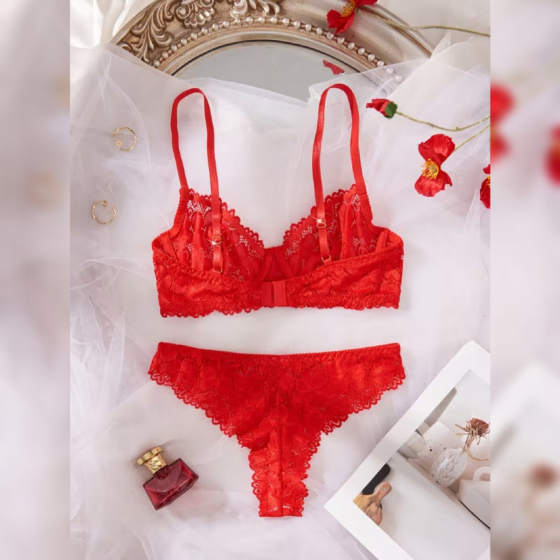 コントラストレースブラ＆ショーツ セミシアーランジェリーセット