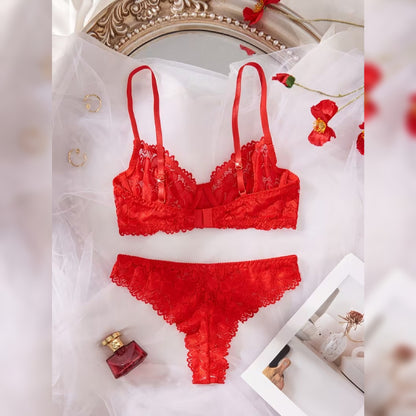 コントラストレースブラ＆ショーツ セミシアーランジェリーセット