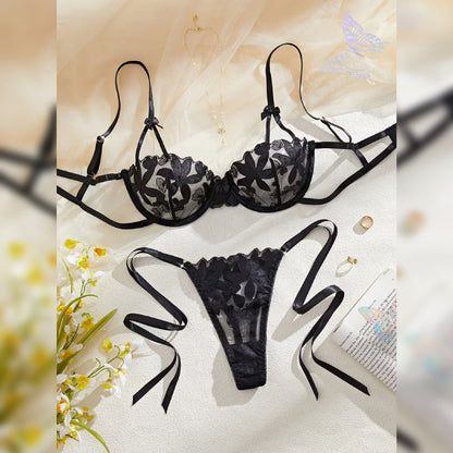 花柄刺繍メッシュオープンクロッチランジェリーセット セミシアーデザイン