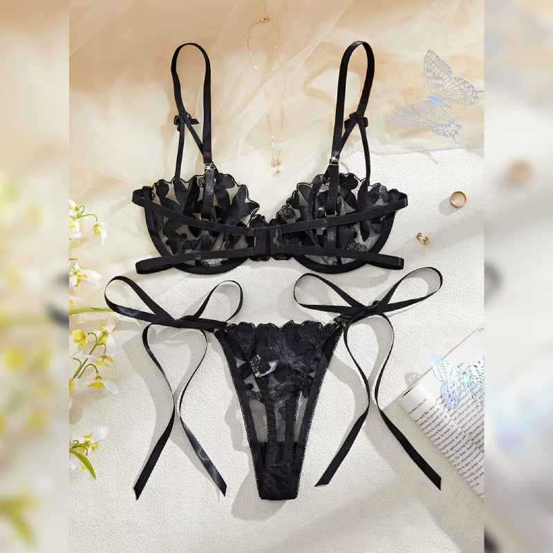 花柄刺繍メッシュオープンクロッチランジェリーセット セミシアーデザイン