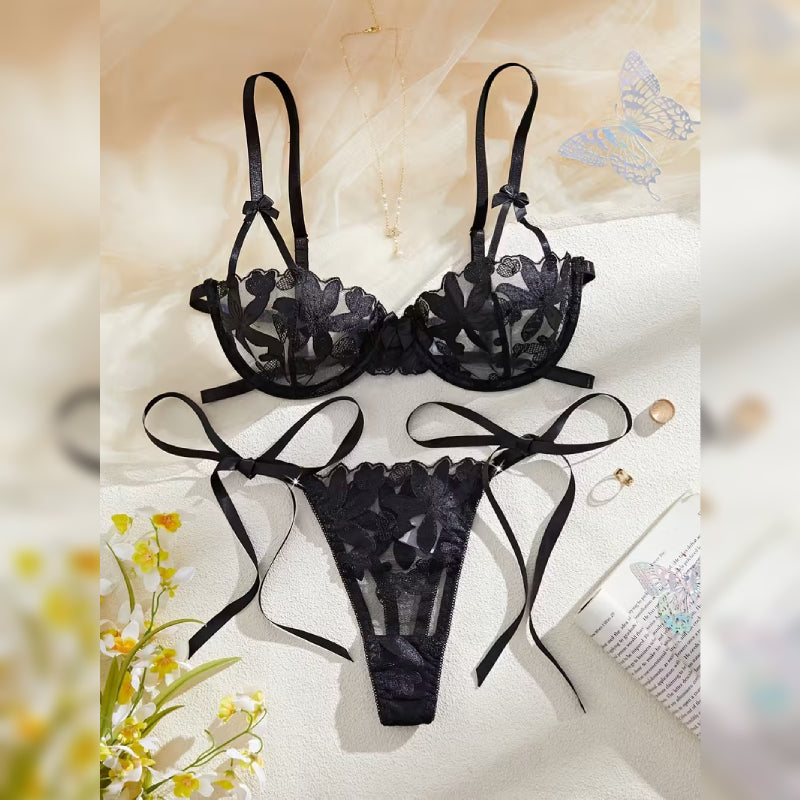 花柄刺繍メッシュオープンクロッチランジェリーセット セミシアーデザイン