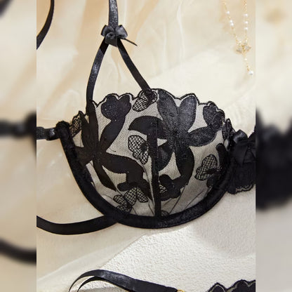 花柄刺繍メッシュオープンクロッチランジェリーセット セミシアーデザイン