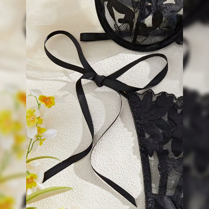 花柄刺繍メッシュオープンクロッチランジェリーセット セミシアーデザイン