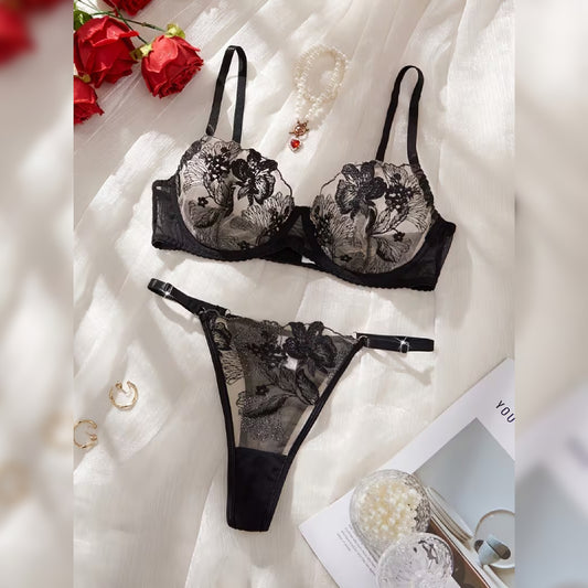 花柄刺繍メッシュブラ＆Tバック セクシーランジェリーセット