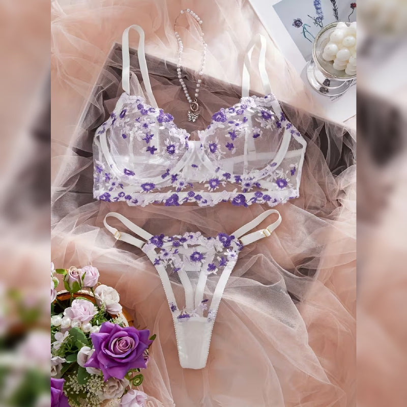 花柄刺繍メッシュブラ＆ショーツ セクシーランジェリーセット