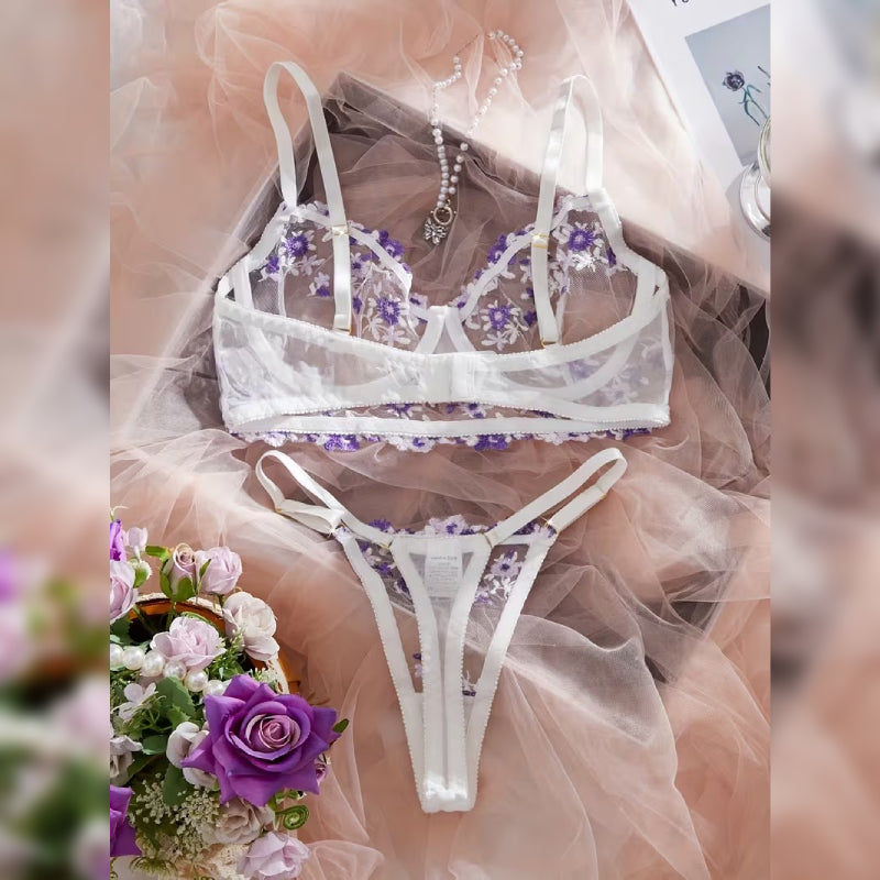 花柄刺繍メッシュブラ＆ショーツ セクシーランジェリーセット