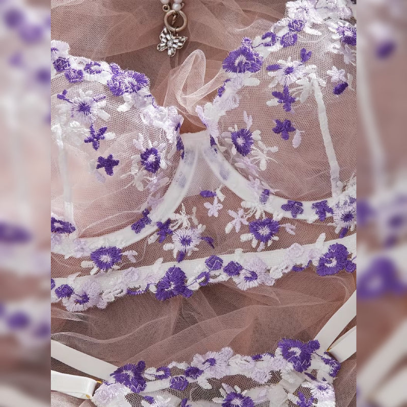 花柄刺繍メッシュブラ＆ショーツ セクシーランジェリーセット