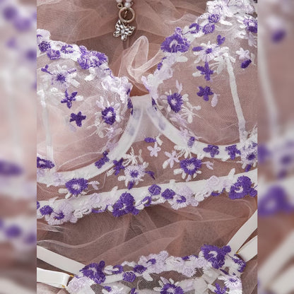 花柄刺繍メッシュブラ＆ショーツ セクシーランジェリーセット