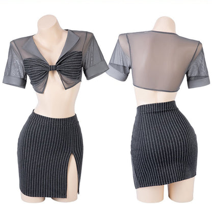 グレーストライプ透けブラウス＆スカート OL秘書